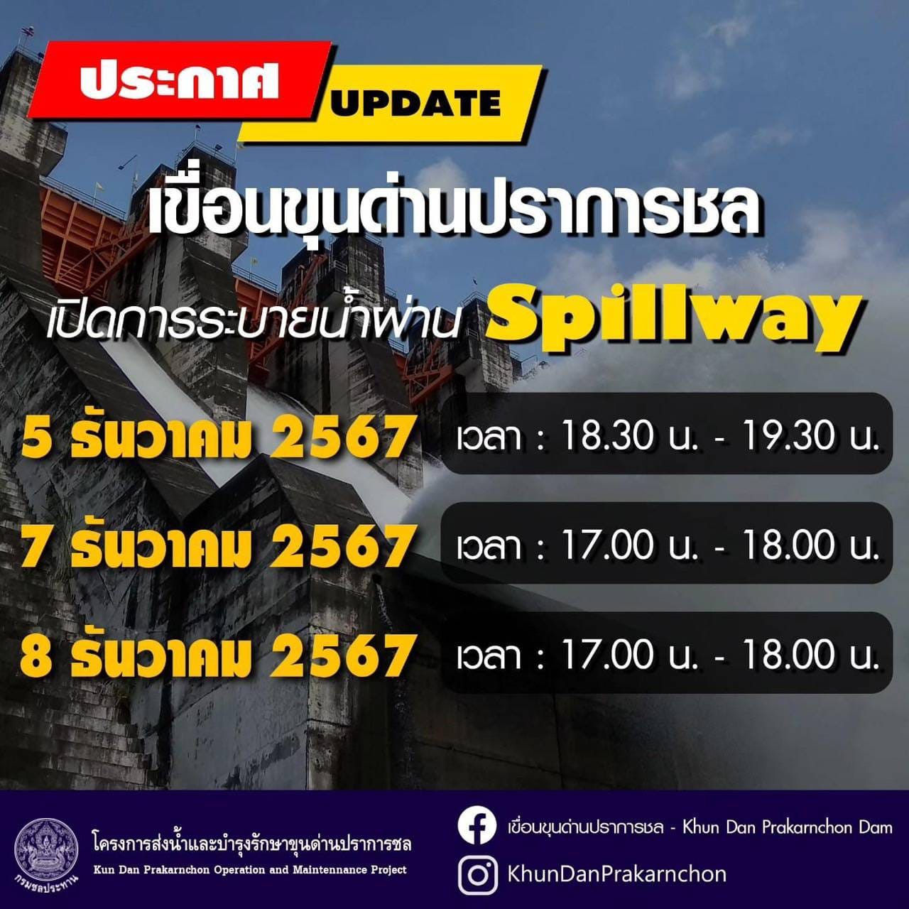 วันที่ 5 - 8 ธันวาคม 2567 เขื่อนขุนด่านปราการชล เปิดการระบายน้ำผ่าน Spillway