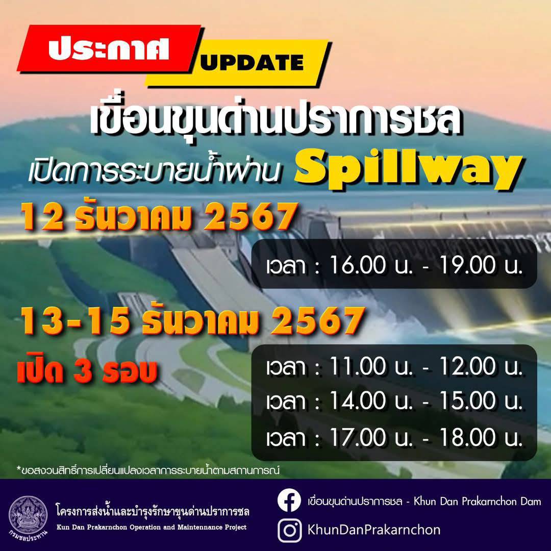 วันที่ 12 - 15 ธันวาคม 2567 เขื่อนขุนด่านปราการชล เปิดการระบายน้ำผ่าน Spillway